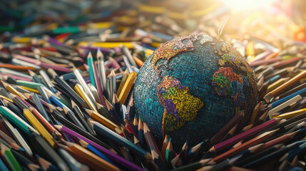 Fototapeta premium globe surrounded by colorful array of pencils and pens symbolizes creativity and global awareness. This vibrant scene captures essence of education and exploration