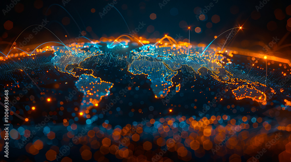 Poster world map illuminated by glowing digital connectivity lines, symbolizing global networks, data excha