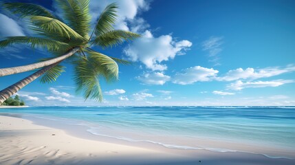 Beautiful beach with white sand turquoise ocean blue sky with clouds and palm tree over the water