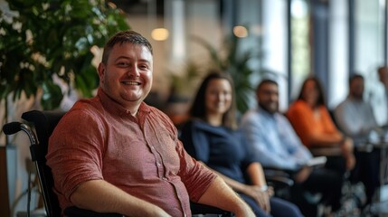 photo of a disabled male manager sitting with his colleagues at their workplace, showcasing diversity and inclusivity in a corporate setting.