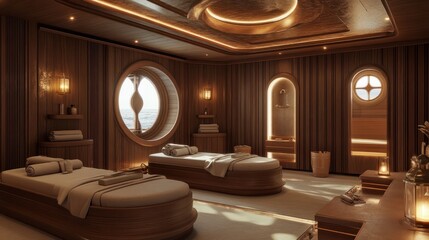 Photo of the spa and wellness center aboard a luxury cruise ship, featuring massage rooms, a sauna, and an oceanview relaxation area