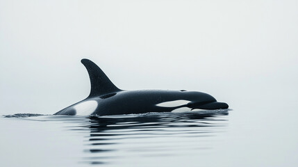 Fototapeta premium Orca swimming gracefully in calm waters under a cloudy sky during early morning hours