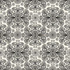 Monochrome print.  Abstract kaleidoscope drawing samless pattern. Illustration with texture and noise