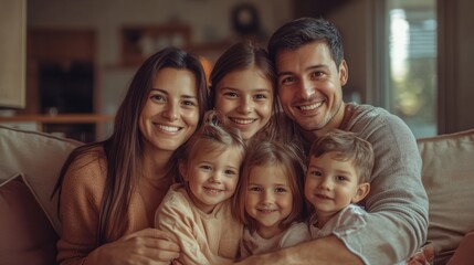 Fototapeta premium portrait of happy family of five sitting together on a couch in the livingroom