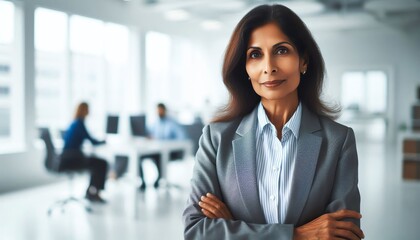 strong middle age business women Indian face look entrepreneur serious smile on face office background space hair successful lady executive standing work culture portrait senior hand arm crossed girl