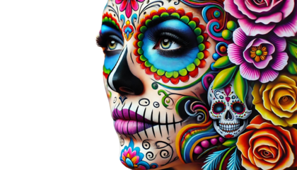A woman with colorful sugar skull makeup, adorned with vibrant flowers, representing Día de los Muertos' festive spirit, no backbgruond, generative ai
