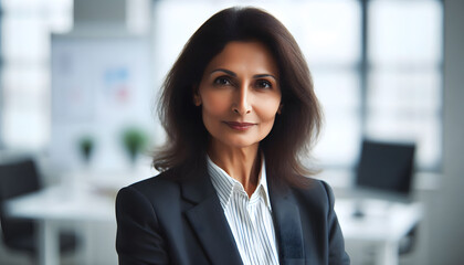 Naklejka premium strong middle age business women Indian face look entrepreneur serious smile on face office background space hair successful lady executive standing work culture portrait senior hand arm crossed girl