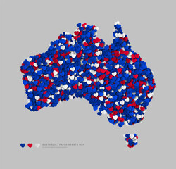 Australia Map From Scattered Paper Hearts In Colours Of National Flag Vector Isolated On Light Background. Australia Border Silhouette In Official Colors Pattern Art Illustration. Poster Print Design