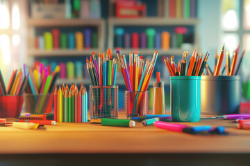 Vibrant art supplies on wooden table create inspiring atmosphere for creativity. colorful arrangement of pencils, markers, and paints invites artistic expression and imagination