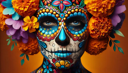 A woman with colorful sugar skull makeup, adorned with vibrant flowers, representing Día de los Muertos' festive spirit, generative ai