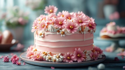 Naklejka premium Pink Floral Birthday Cake with White Icing