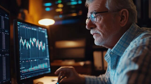 Senior man checking stock market updates on his computer in a home office