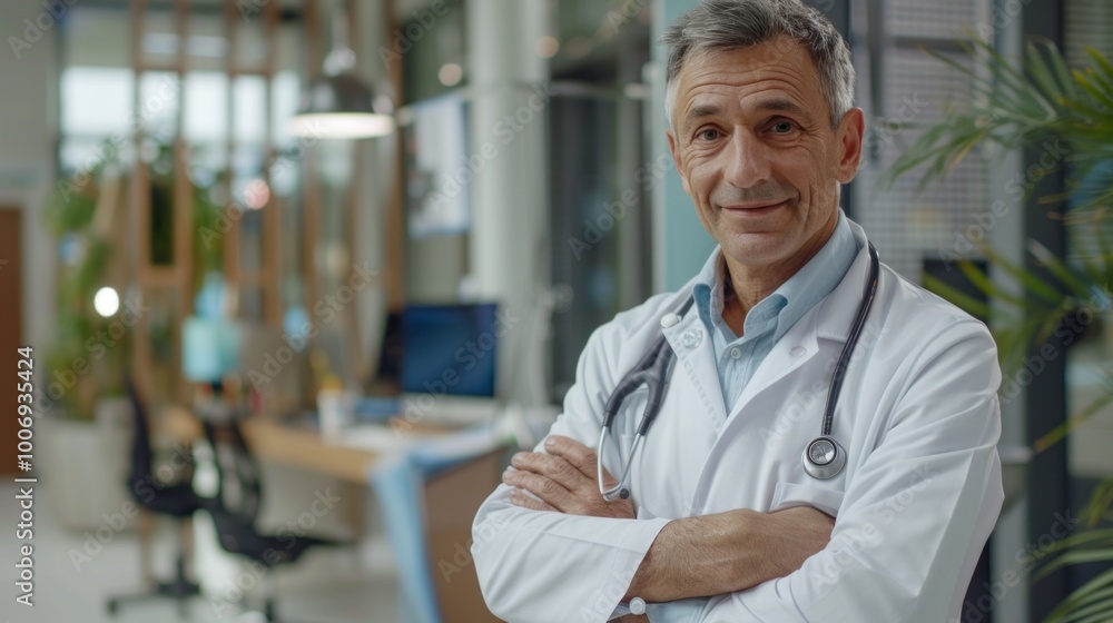 Poster a man in a white coat stands in a room with a computer and a potted plant