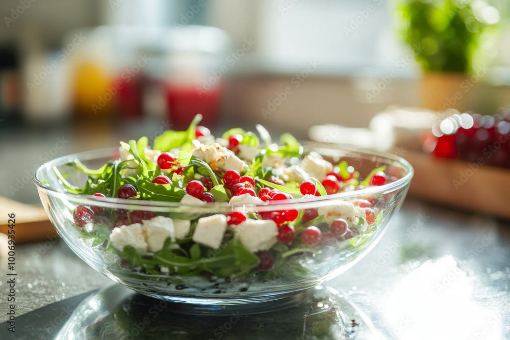 Wall mural fresh green salad with arugula, feta cheese, and red currants served in a glass bowl, perfect for a 