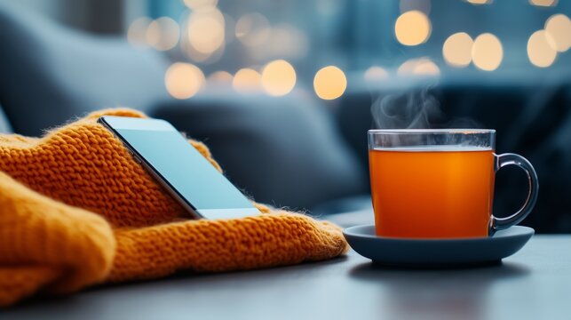 A relaxed scene of an individual comfortably sitting on a sofa, focused on texting on their phone, with a cozy throw blanket and a cup of tea on a nearby table