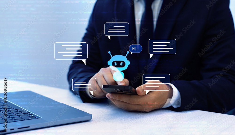Poster Virtual assistant, artificial intelligence Bot and CRM software automation technology. Chat with AI.Customer person using chat service to get support.Online support Chatbot conversation.