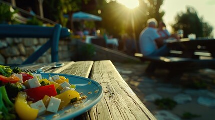 Fototapeta premium Fresh Salad on Table with Sunset Background