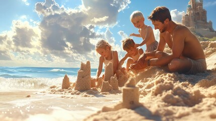 Smiling family building sandcastles, waves echoing their joy on a sunny shore