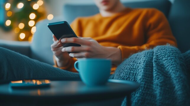 A relaxed scene of an individual comfortably sitting on a sofa, focused on texting on their phone, with a cozy throw blanket and a cup of tea on a nearby table.