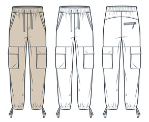 Jogger Pants fashion flat technical drawing template. Cargo Pants technical fashion Illustration, side pockets, elastic waistband, front and back view, white, beige, women, men, unisex CAD mockup set.