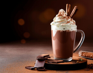 Hot chocolate with whipped cream, cinnamon sticks and chocolate chips on brown background