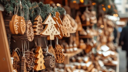 Wooden Christmas decorations displayed at a festive market in winter