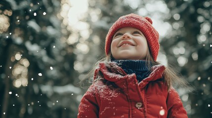 Child enjoying snowfall in a winter forest setting during daylight