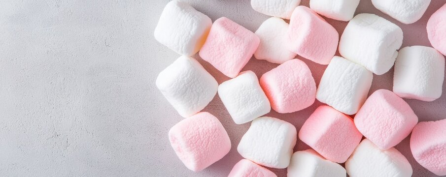 Colorful marshmallows in pink and white on a light surface.