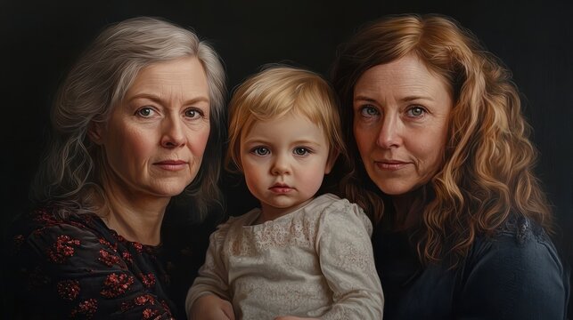 three generations family portrait of a woman with her adult daughter and toddler grandchild