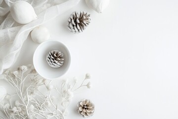 Aesthetic arrangement of a white bowl with pinecones and soft fabric on a light background, showcasing simplicity.