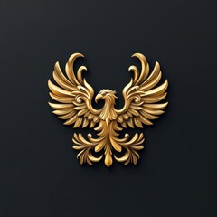 A golden phoenix emblem with elaborate details displayed on a dark background, ideal for use in luxury branding, corporate identity, or decorative artwork,
