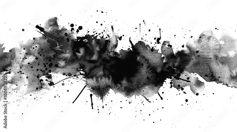 Poster abstract black and white color splashes forming a dynamic pattern, creating a contrast between light