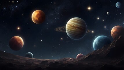background with space themes, planets and starry sky in dark tones