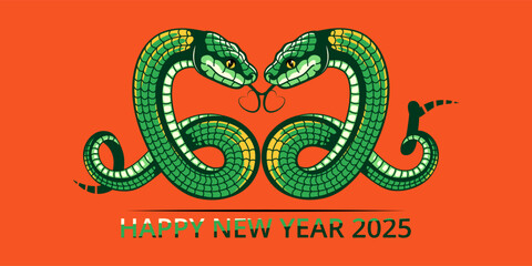 2025 Happy New Year banner. Chinese calendar snake year. Cute green wood snake horoscope zodiac symbol. Asian lunar astrology for greeting card, cover, sticker. Vector illustration.