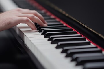 Fototapeta premium Piano keys and hand playing music, black and white contrast
