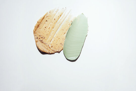 Different swatches of cosmetic products for the face and body. Scrub textures. Selfcare trend.