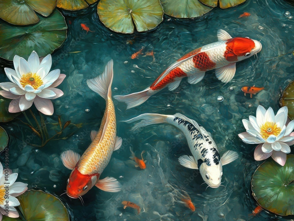 Sticker koi fish swimming in a pond