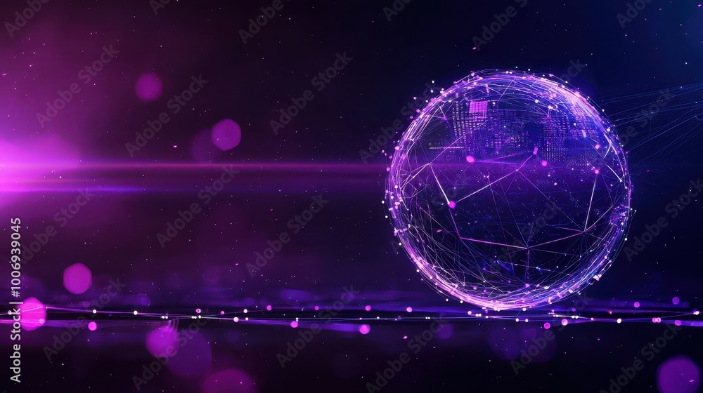 Poster a glowing sphere of interconnected points and lines against a dark background, enhancing a futuristi