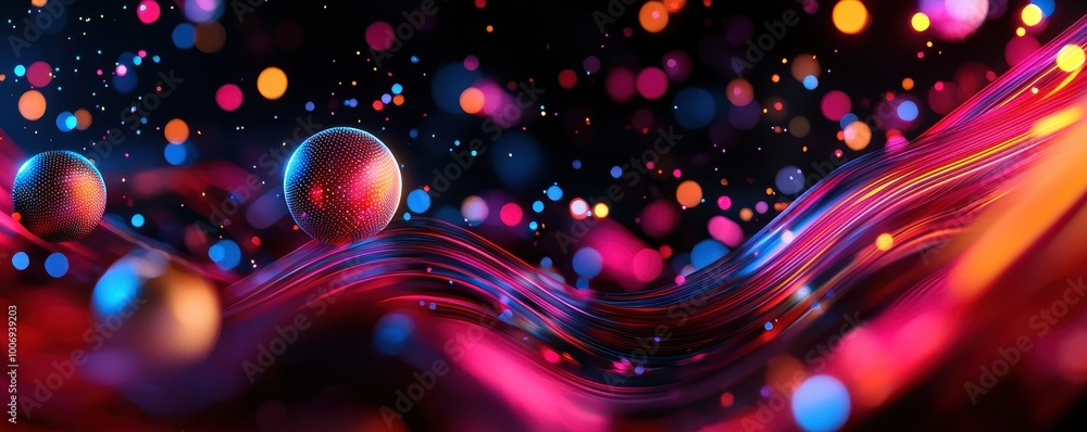 Poster a vibrant visualization of colorful spheres amidst flowing waves of light, creating an abstract, dyn