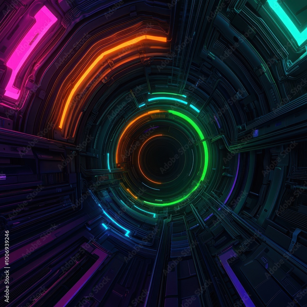 Poster a vivid, futuristic tunnel with glowing neon lights in various colors, creating a dynamic and immers