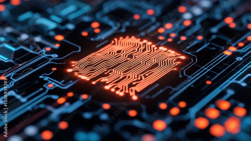 Poster a close-up of a vibrant circuit board showcasing a glowing microchip, illustrating the intricacies o