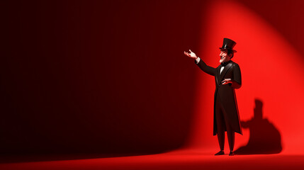 3d character A charismatic showman in a chic red coat and hat takes center stage, exuding charm and energy. His animated performance red banner/design/web