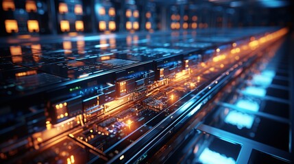 Obraz premium Connection network in servers data center room storage systems