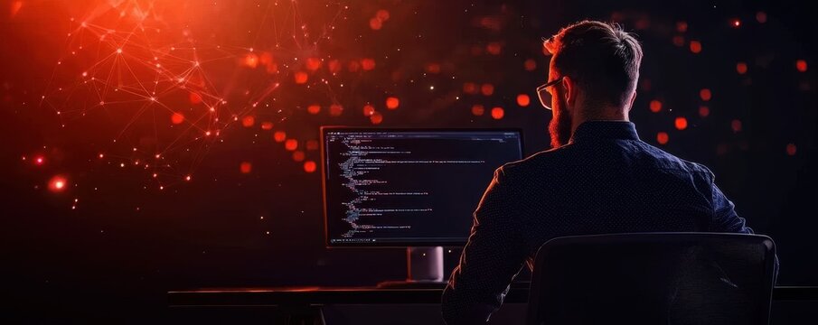 A person coding at a computer, illuminated by red light, with a focus on the screen displaying lines of code.