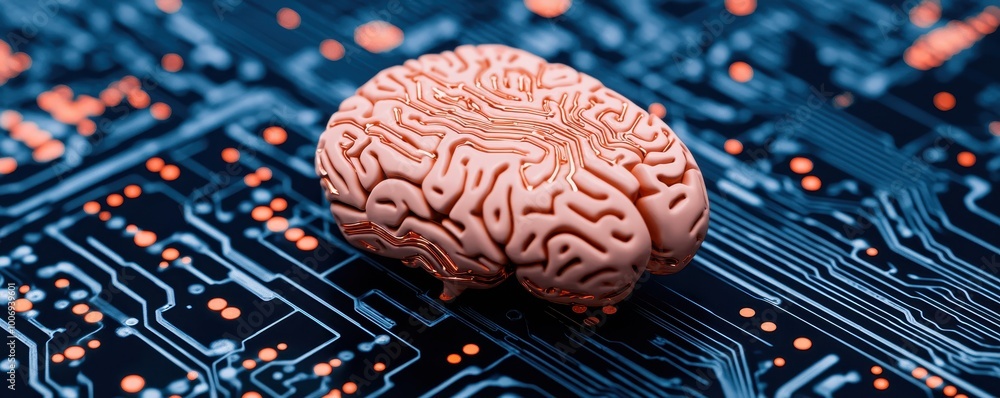 Poster a detailed brain model rests on a circuit board background, symbolizing the intersection of neurosci