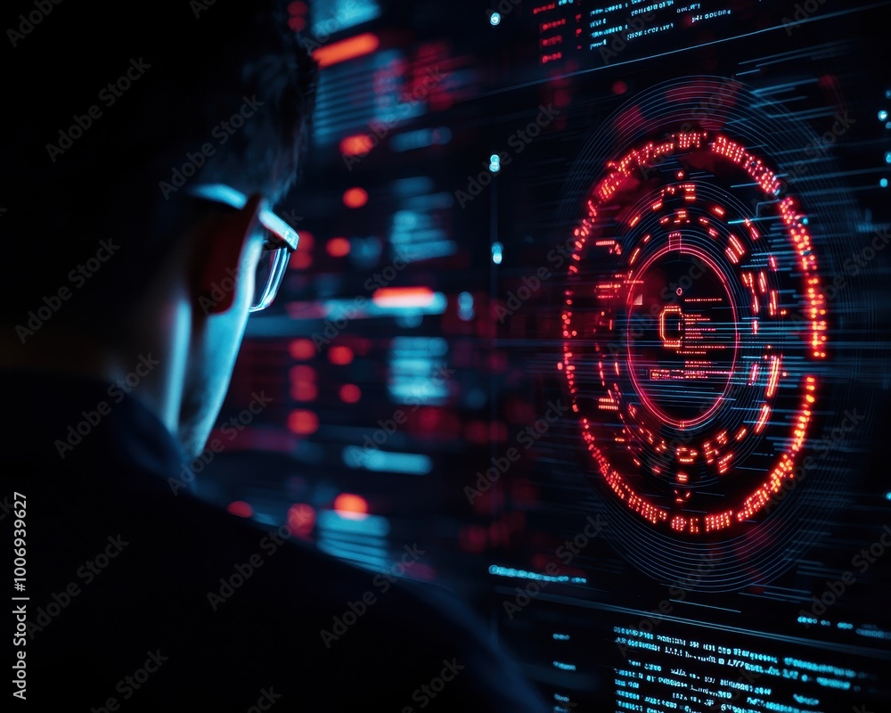 Poster a person analyzes complex data visualizations on a digital screen, surrounded by glowing red and blu