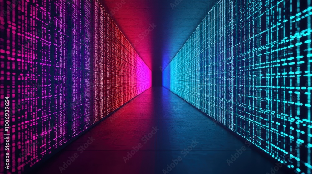 Poster a digital corridor illuminated by vibrant red and blue lights, featuring a backdrop of matrix-like p
