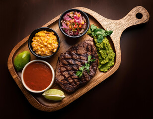 Grilled steak with vegetables,sauce and guacamole on wooden board