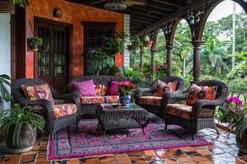 Tropical Outdoor Patio An inviting outdoor patio with wicker furniture, colorful cushions, and lots of tropical plants. Add a pergola with climbing vines and a view of the garden.