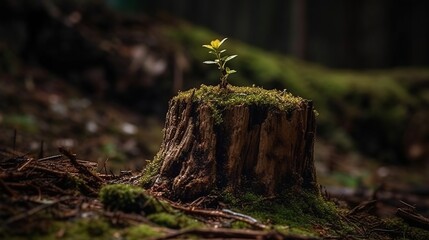 Small sprout growing on a stump in a green mossy forest